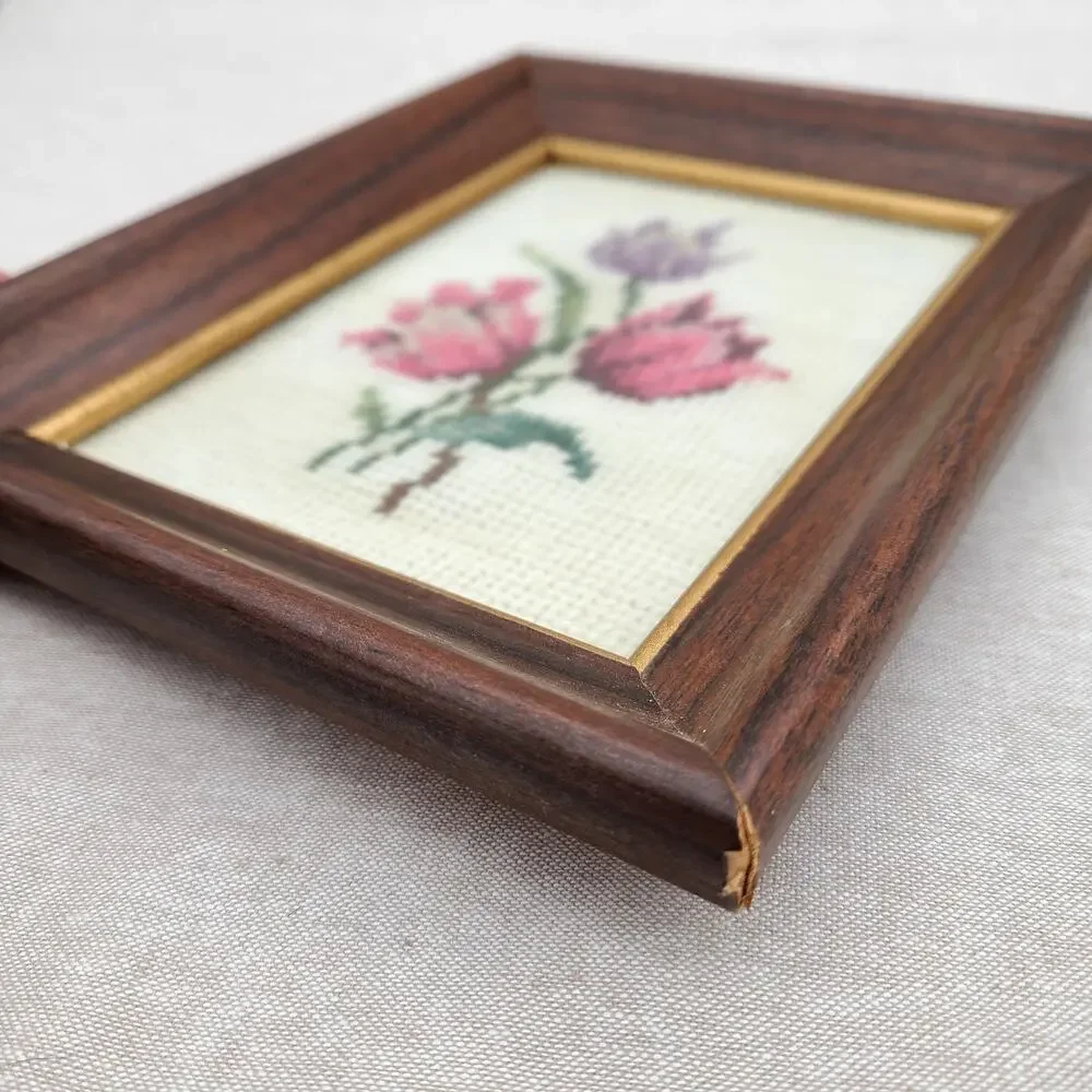 Cottagecore Gallery Wall Accent Piece: Framed Needlepoint Roses Pink Purple VTG